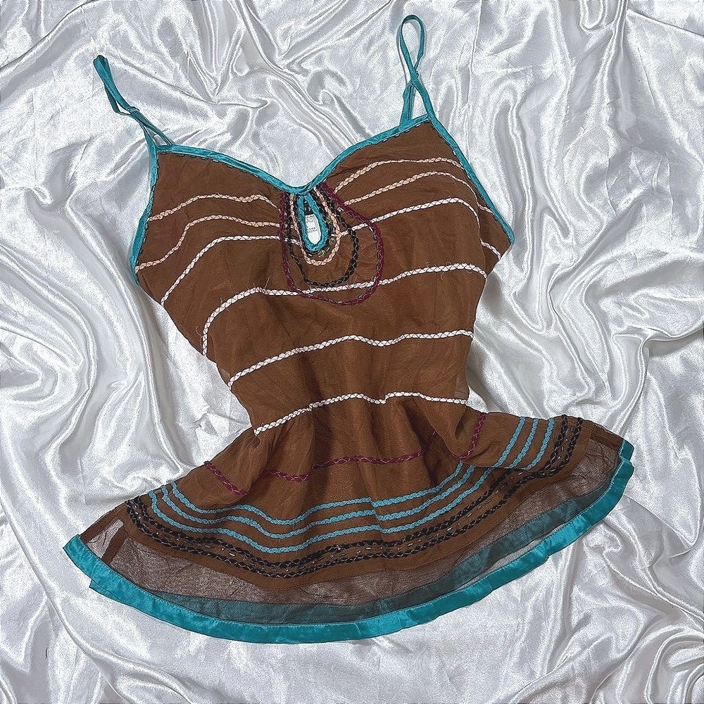 y2k Dance in Paris 100% Silk Cami Brown Beaded Embroidered Mesh Hem Top L